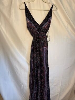 NWOT Free People Black Paisley Satin Jumper Wide Leg Flowy Adjustable Waist
